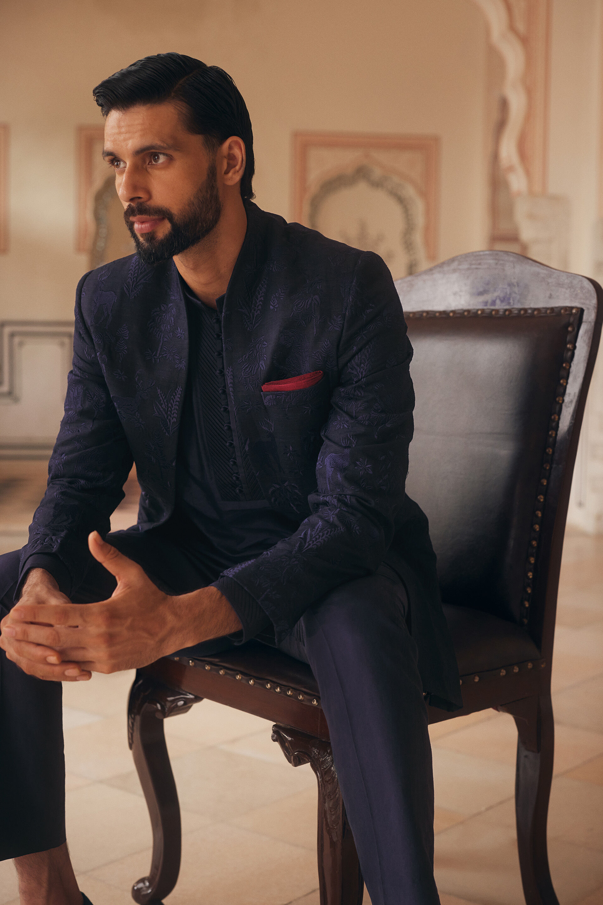 Parikshit Embroidered Silk Sherwani - Navy Blue, Navy Blue, image 3